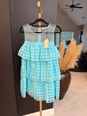 English Factory Aqua Tiered Mesh Midi Dress